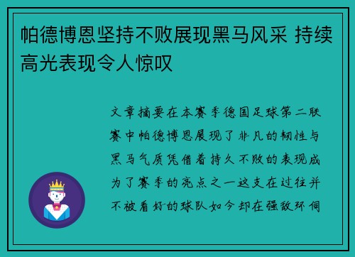 帕德博恩坚持不败展现黑马风采 持续高光表现令人惊叹