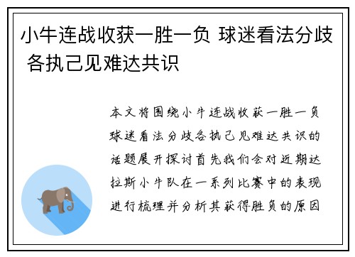 小牛连战收获一胜一负 球迷看法分歧 各执己见难达共识