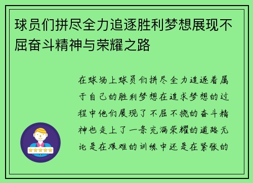 球员们拼尽全力追逐胜利梦想展现不屈奋斗精神与荣耀之路